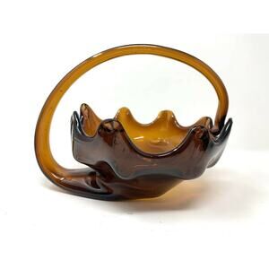 Vintage Hand Blown Amber Art Glass Dish Sooner USA? Centerpiece Fall Cornucopia